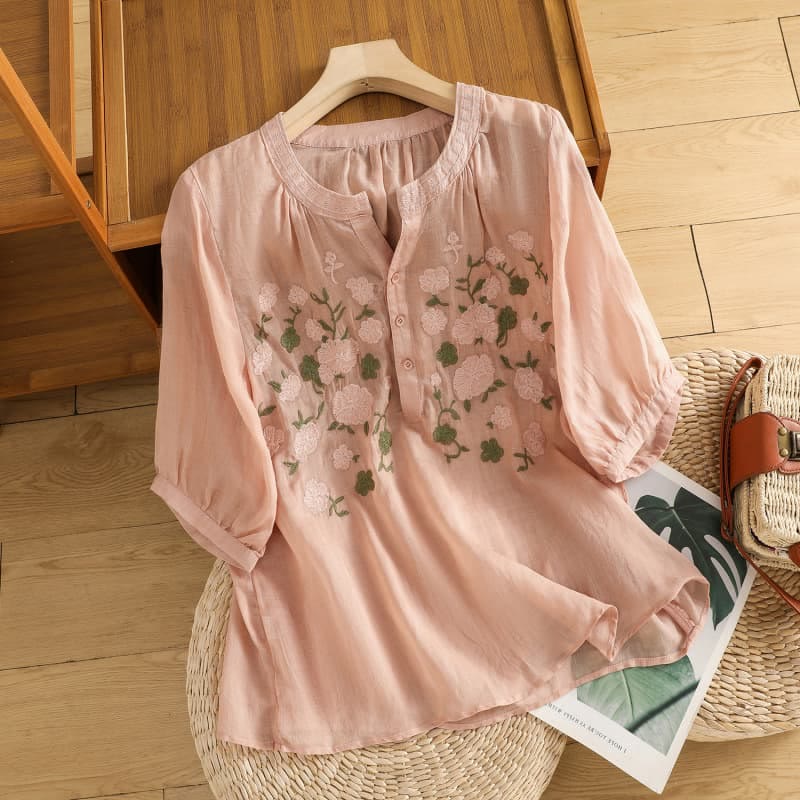 Camisa informal de lino y algodón con cuello en V y media manga para mujer, con estampado de flores y hojas verdes bordadas y piedras de Buddha Stones - Rosa - US8-10，UK/AU12-14，EU40-42 (2XL) - image 0