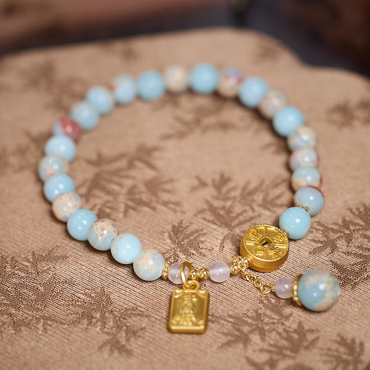 Pulsera de riqueza con monedas de cobre, Buddha Stones, dinero de todas las direcciones