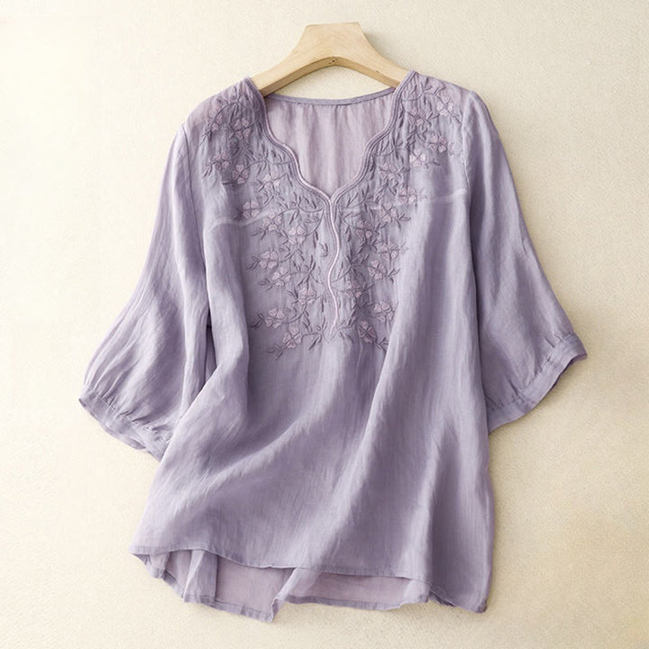 Camiseta de verano Buddha Stones de acrílico con flores bordadas y cuello en V para mujer, de media manga