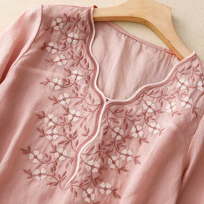 Camiseta de verano Buddha Stones de acrílico con flores bordadas y cuello en V para mujer, de media manga