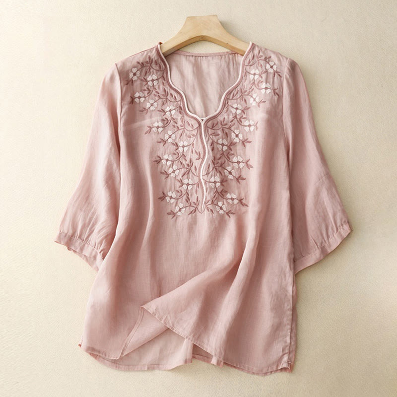 Camiseta de verano Buddha Stones de acrílico con flores bordadas y cuello en V para mujer, de media manga