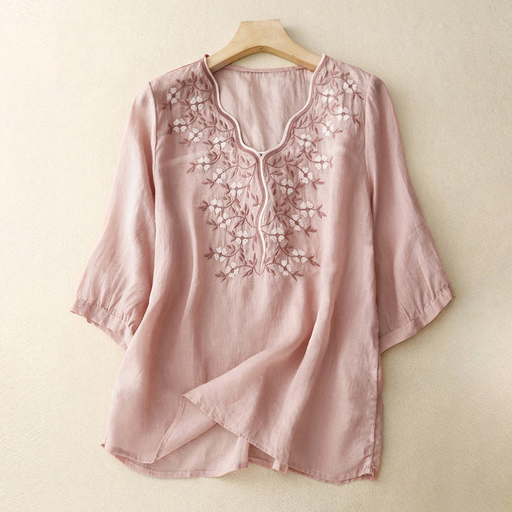 Camiseta de verano Buddha Stones de acrílico con flores bordadas y cuello en V para mujer, de media manga
