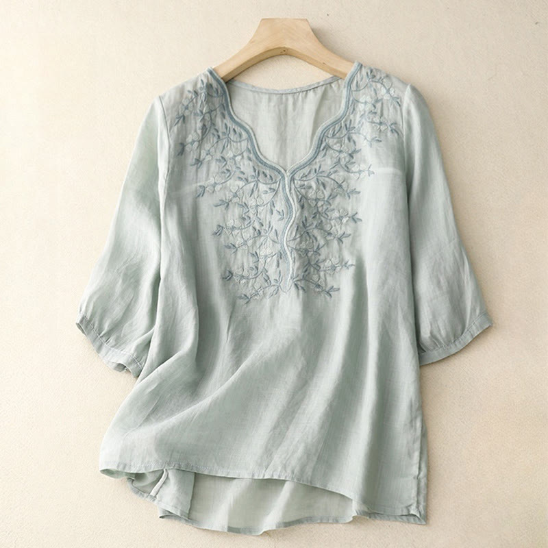 Camiseta de verano Buddha Stones de acrílico con flores bordadas y cuello en V para mujer, de media manga