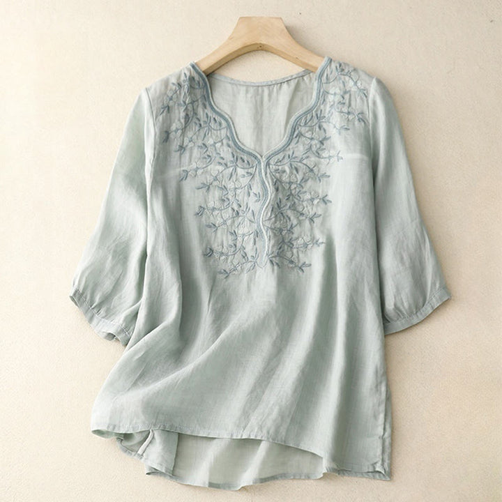 Camiseta de verano Buddha Stones de acrílico con flores bordadas y cuello en V para mujer, de media manga