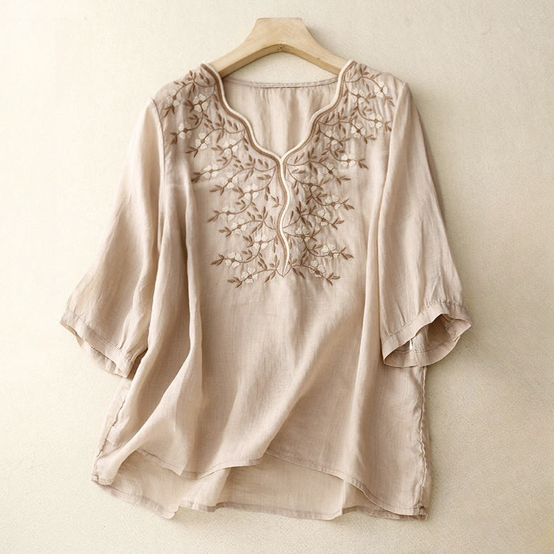 Camiseta de verano Buddha Stones de acrílico con flores bordadas y cuello en V para mujer, de media manga