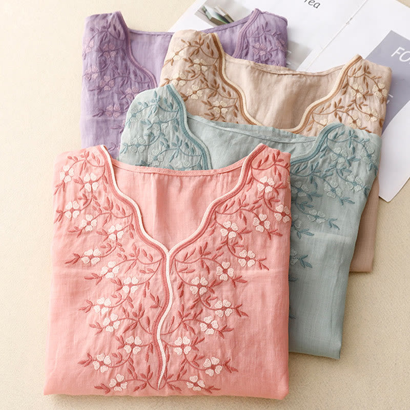 Camiseta de verano Buddha Stones de acrílico con flores bordadas y cuello en V para mujer, de media manga