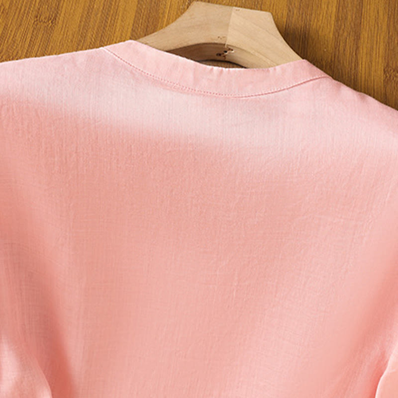 Camisa informal de lino y algodón con diseño de Buddha Stones para mujer, con flores y hojas bordadas, botones de rana, cuello redondo y media manga.