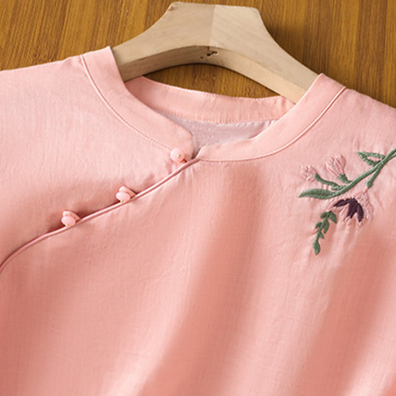 Camisa informal de lino y algodón con diseño de Buddha Stones para mujer, con flores y hojas bordadas, botones de rana, cuello redondo y media manga.