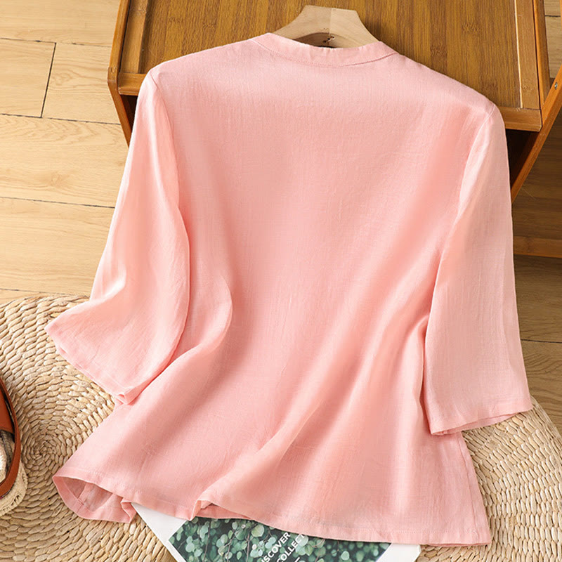 Camisa informal de lino y algodón con diseño de Buddha Stones para mujer, con flores y hojas bordadas, botones de rana, cuello redondo y media manga.