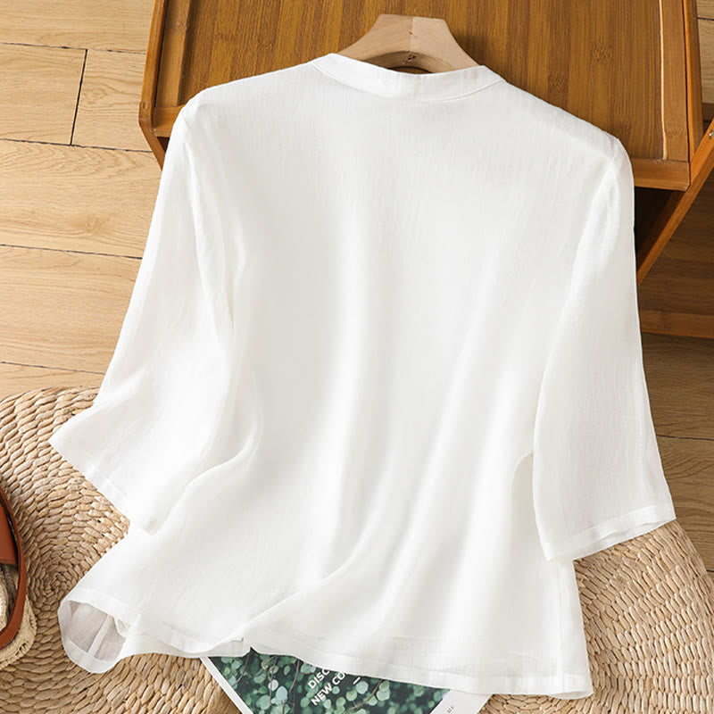 Camisa informal de lino y algodón con diseño de Buddha Stones para mujer, con flores y hojas bordadas, botones de rana, cuello redondo y media manga.