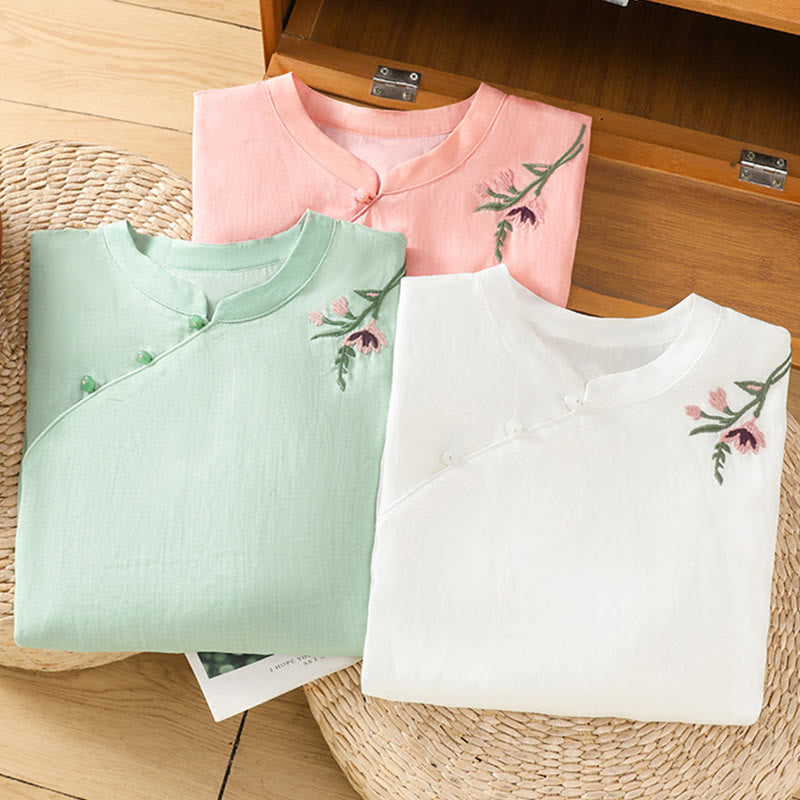 Camisa informal de lino y algodón con diseño de Buddha Stones para mujer, con flores y hojas bordadas, botones de rana, cuello redondo y media manga.