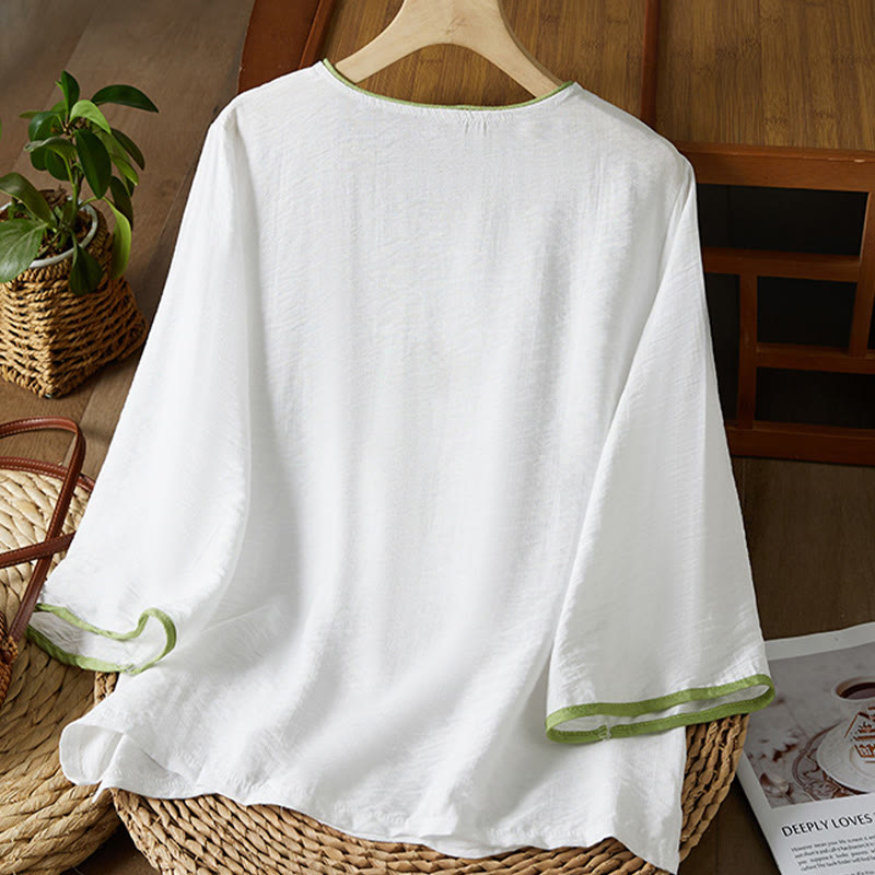 Camisa informal de lino y algodón con mangas tres cuartos y cuello inclinado con botones de rana y estampado de flores bordadas de Buddha Stones para mujer - image 1