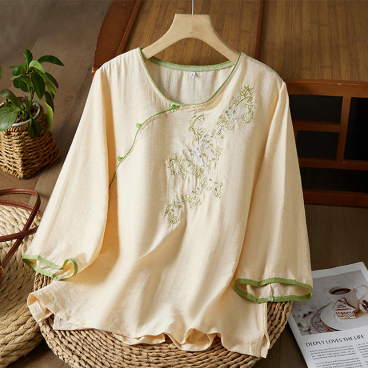 Camisa informal de lino y algodón con mangas tres cuartos y cuello inclinado con botones de rana y estampado de flores bordadas de Buddha Stones para mujer - PapayaWhip - US12, UK/AU16, EU44 (3XL) - image 6
