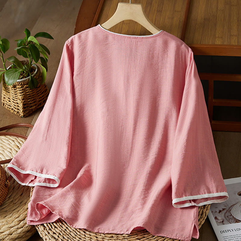 Camisa informal de lino y algodón con mangas tres cuartos y cuello inclinado con botones de rana y estampado de flores bordadas de Buddha Stones para mujer - image 19