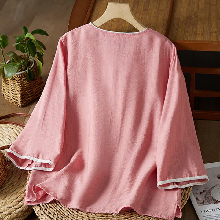 Camisa informal de lino y algodón con mangas tres cuartos y cuello inclinado con botones de rana y estampado de flores bordadas de Buddha Stones para mujer - image 19