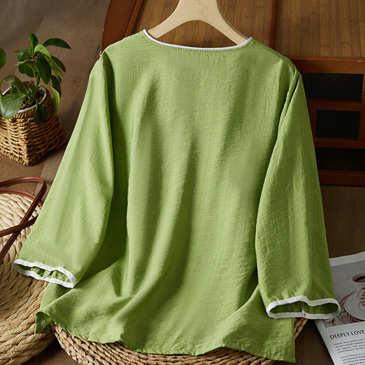 Camisa informal de lino y algodón con mangas tres cuartos y cuello inclinado con botones de rana y estampado de flores bordadas de Buddha Stones para mujer - image 26