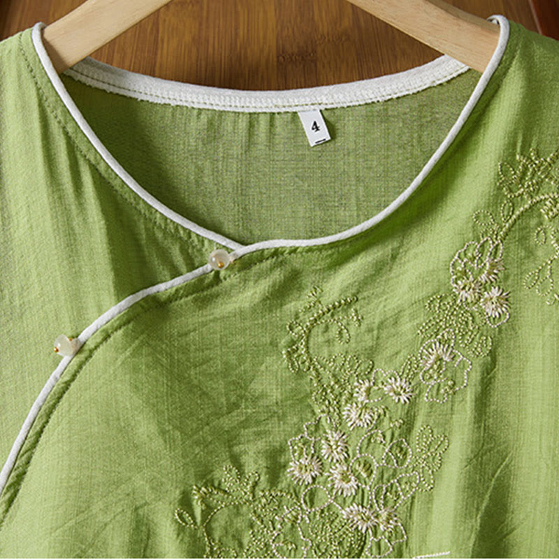 Camisa informal de lino y algodón con mangas tres cuartos y cuello inclinado con botones de rana y estampado de flores bordadas de Buddha Stones para mujer - image 29
