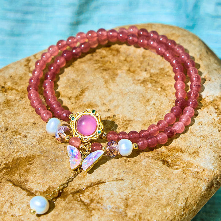 Pulsera de doble vuelta con cuentas de cristal de cuarzo Buddha Stones natural, perla, mariposa y gota de agua positiva