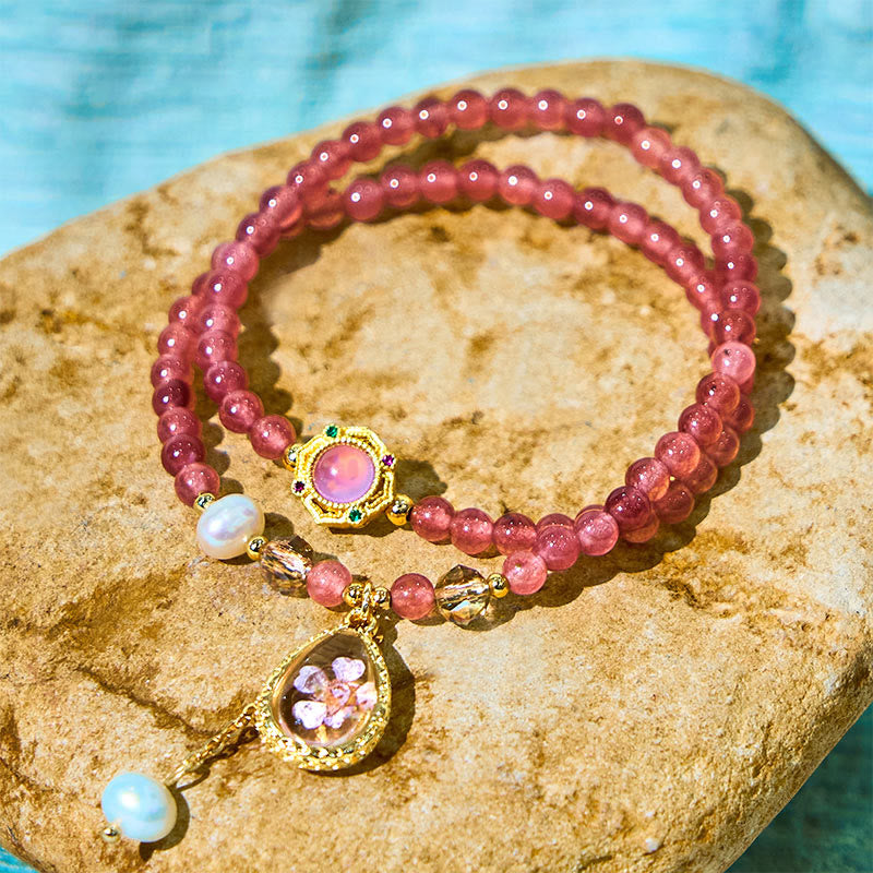 Pulsera de doble vuelta con cuentas de cristal de cuarzo Buddha Stones natural, perla, mariposa y gota de agua positiva