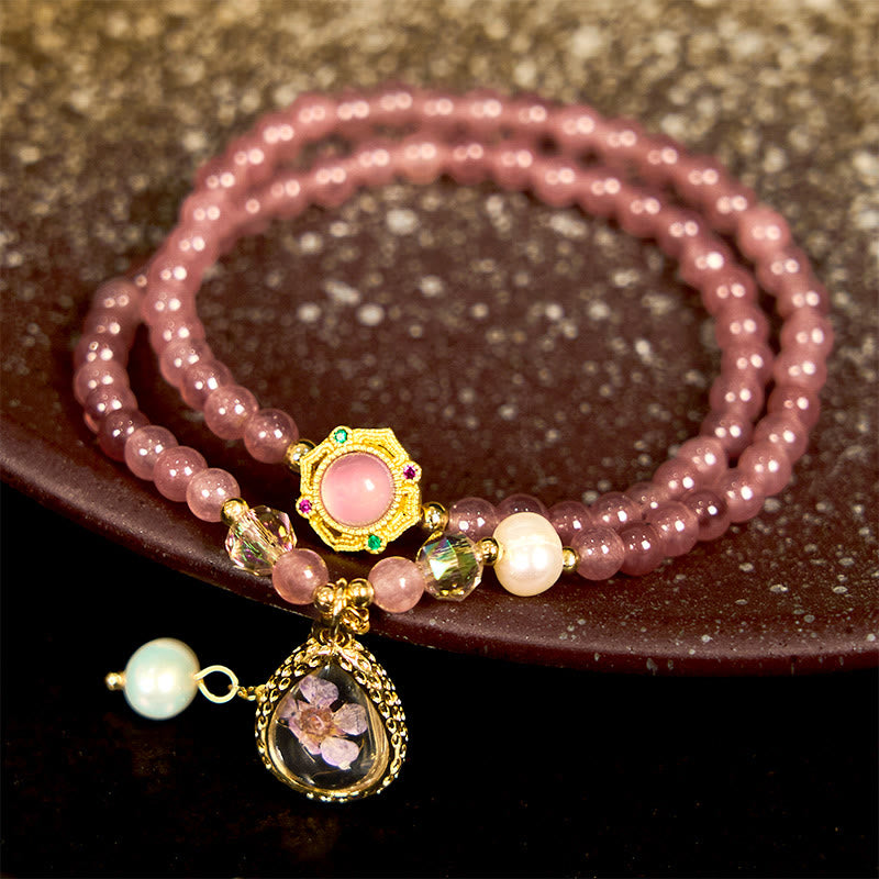 Pulsera de doble vuelta con cuentas de cristal de cuarzo Buddha Stones natural, perla, mariposa y gota de agua positiva