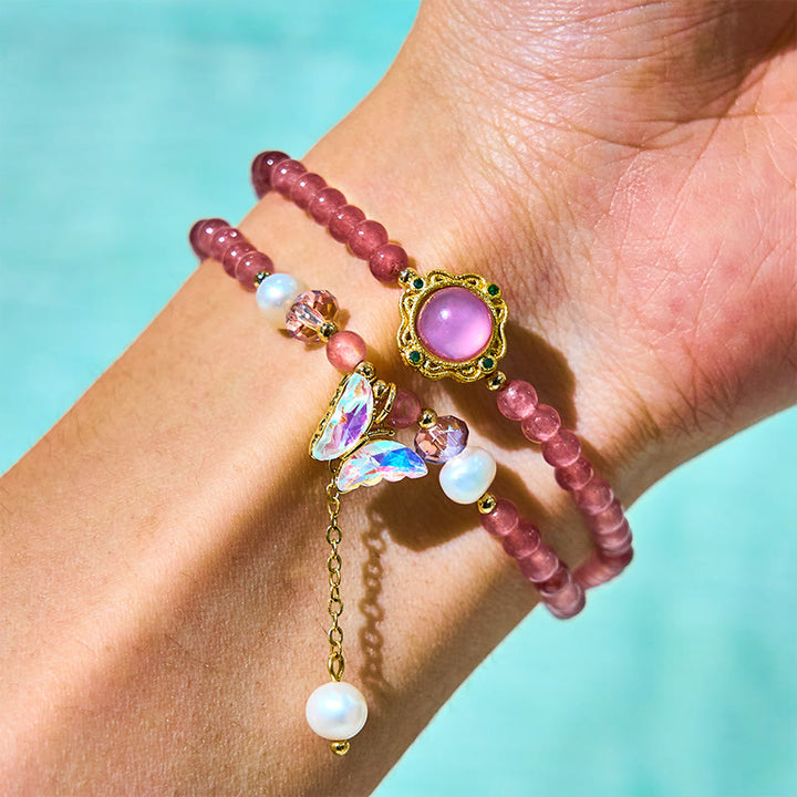 Pulsera de doble vuelta con cuentas de cristal de cuarzo Buddha Stones natural, perla, mariposa y gota de agua positiva
