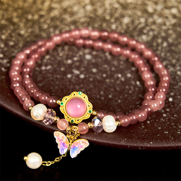 Pulsera de doble vuelta con cuentas de cristal de cuarzo Buddha Stones natural, perla, mariposa y gota de agua positiva