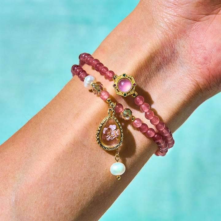 Pulsera de doble vuelta con cuentas de cristal de cuarzo Buddha Stones natural, perla, mariposa y gota de agua positiva