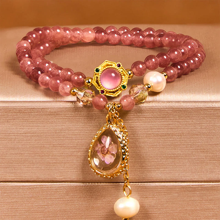 Pulsera de doble vuelta con cuentas de cristal de cuarzo Buddha Stones natural, perla, mariposa y gota de agua positiva