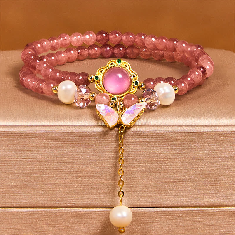 Pulsera de doble vuelta con cuentas de cristal de cuarzo Buddha Stones natural, perla, mariposa y gota de agua positiva