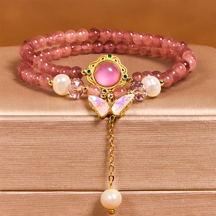 Pulsera de doble vuelta con cuentas de cristal de cuarzo Buddha Stones natural, perla, mariposa y gota de agua positiva