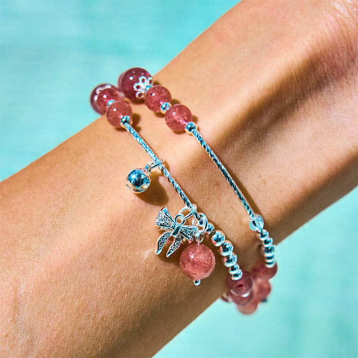 Pulsera curativa de doble vuelta con roseta y lazo de cuarzo fresa natural de Buddha Stones