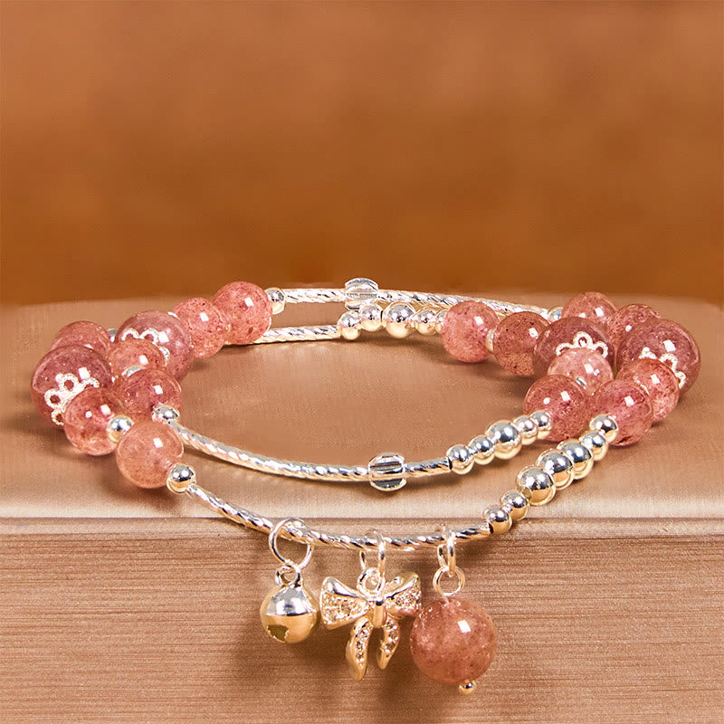 Pulsera curativa de doble vuelta con roseta y lazo de cuarzo fresa natural de Buddha Stones