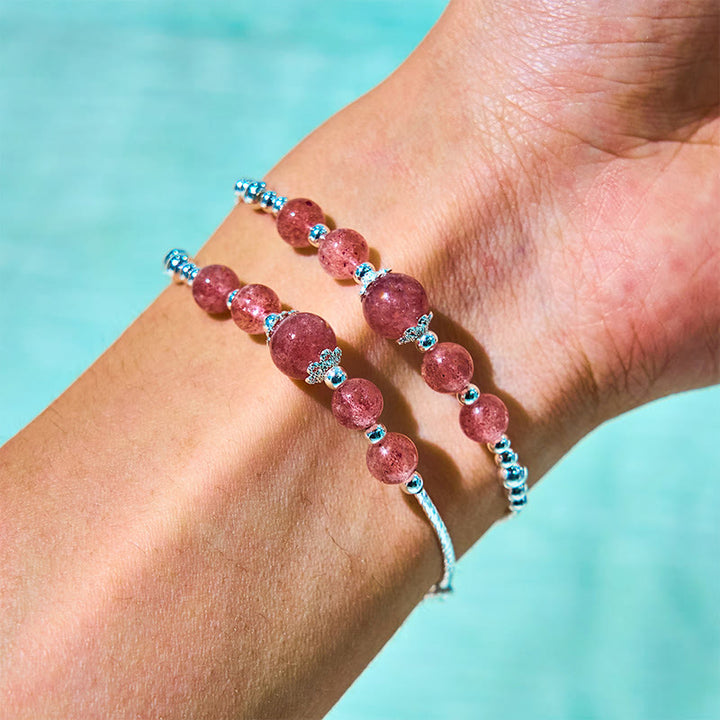 Pulsera curativa de doble vuelta con roseta y lazo de cuarzo fresa natural de Buddha Stones