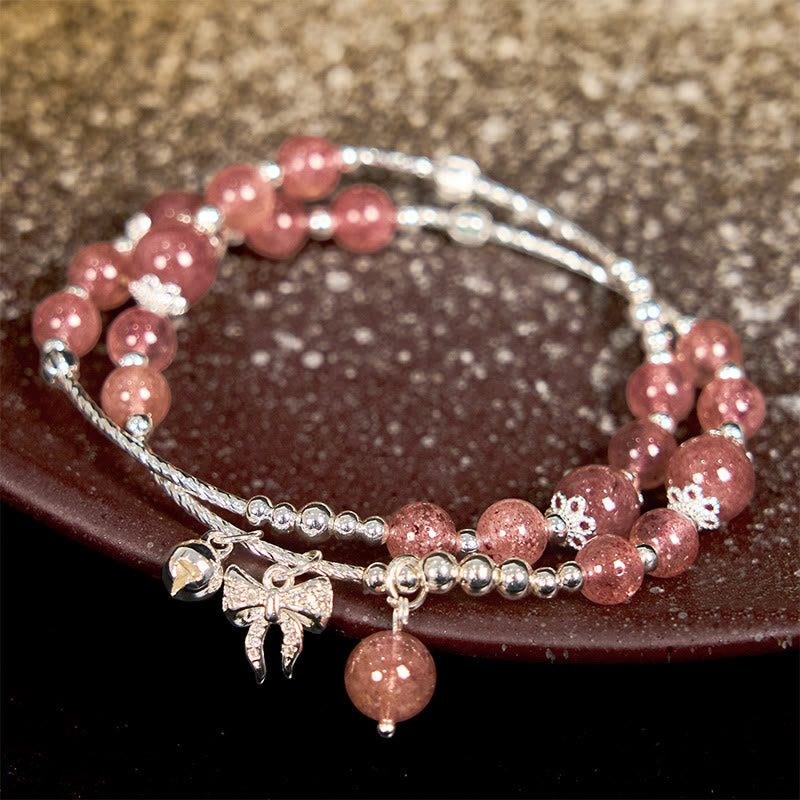 Pulsera curativa de doble vuelta con roseta y lazo de cuarzo fresa natural de Buddha Stones