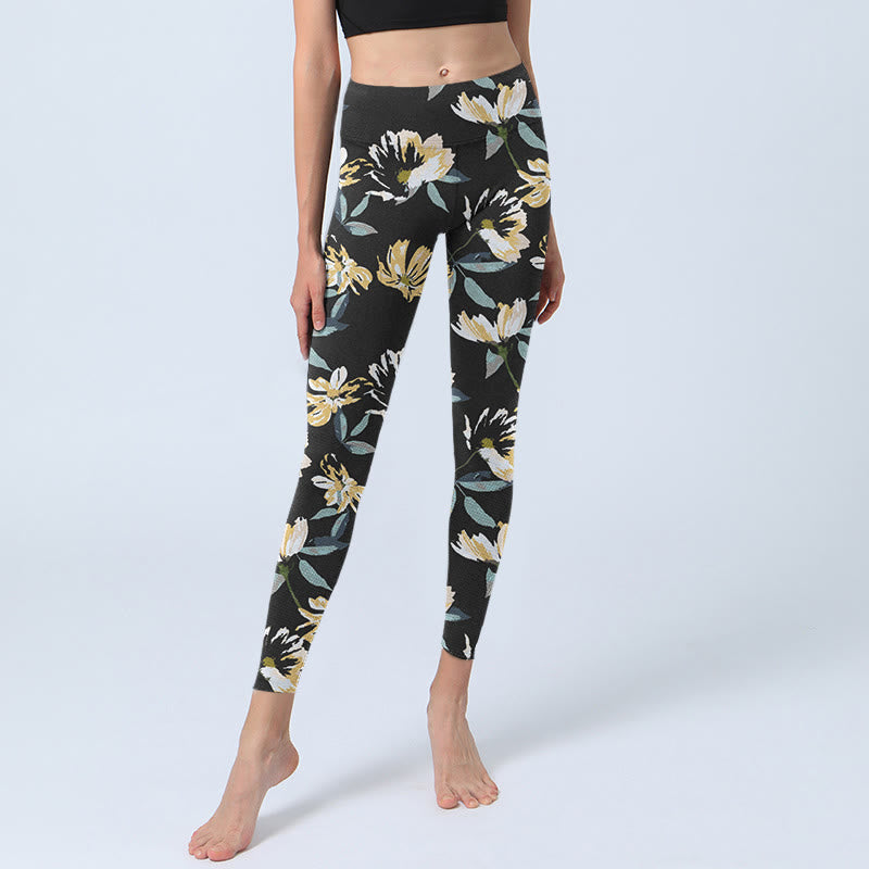 Leggings de yoga para mujer con estampado de flores blancas y amarillas y Buddha Stones - image 5
