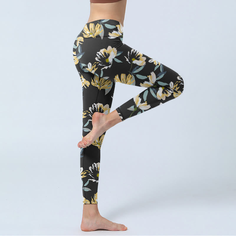 Leggings de yoga para mujer con estampado de flores blancas y amarillas y Buddha Stones - image 4