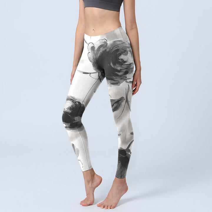 Leggings de yoga para mujer con estampado de rosas y acuarela de Buddha Stones - Blanco - US18，UK/AU22，EU50 (4XL) - image 0