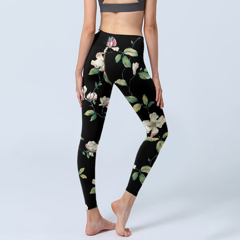 Leggings de yoga para mujer con estampado de flores de magnolia y Buddha Stones - image 4