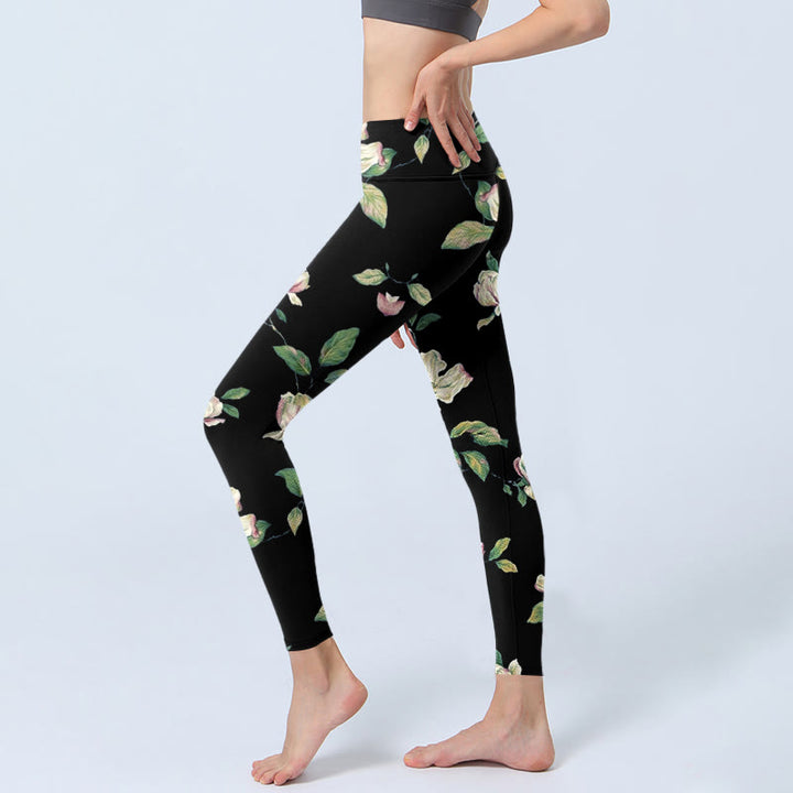 Leggings de yoga para mujer con estampado de flores de magnolia y Buddha Stones - image 3