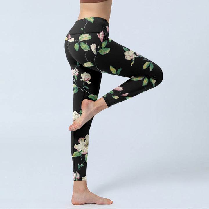 Leggings de yoga para mujer con estampado de flores de magnolia y Buddha Stones - image 5