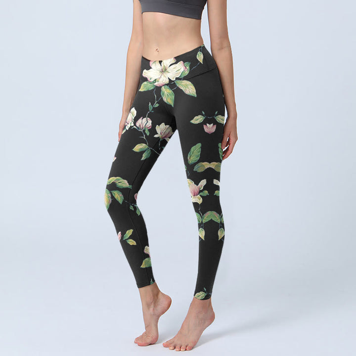 Leggings de yoga para mujer con estampado de flores de magnolia y Buddha Stones - Negro - US18，UK/AU22，EU50 (4XL) - image 0
