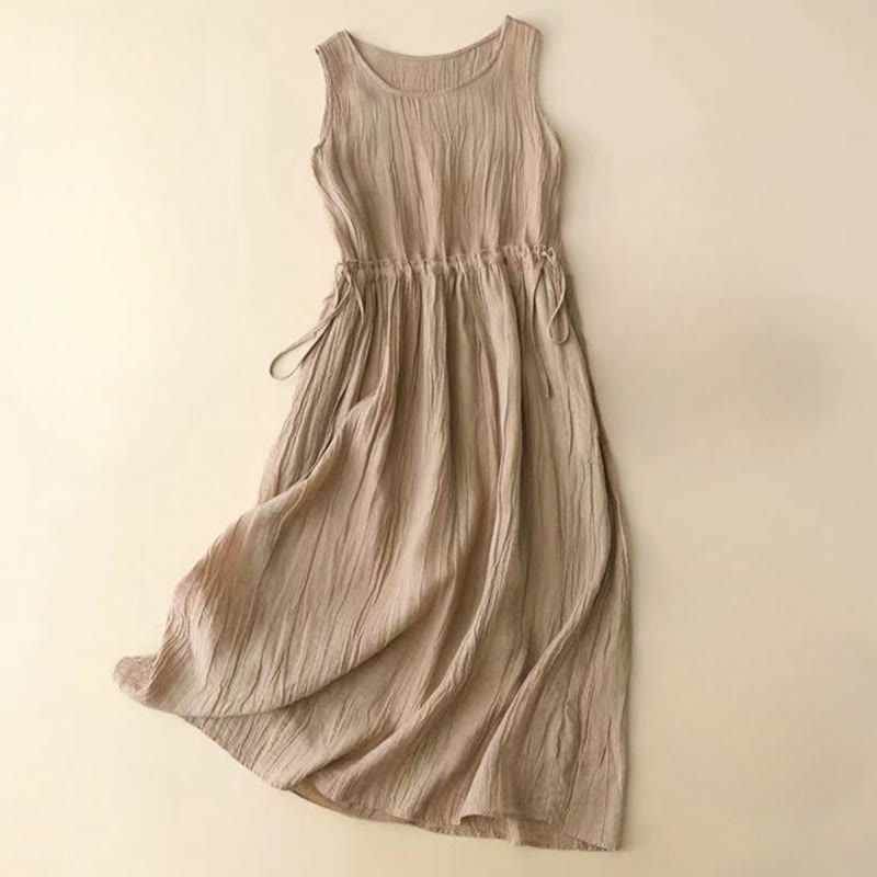 Vestido midi informal de acrílico sin mangas con bolsillos y cordón ajustable en la cintura, hecho a mano, con Buddha Stones - Madera burda - US8-10，UK/AU12-14，EU40-42 (2XL) - image 0