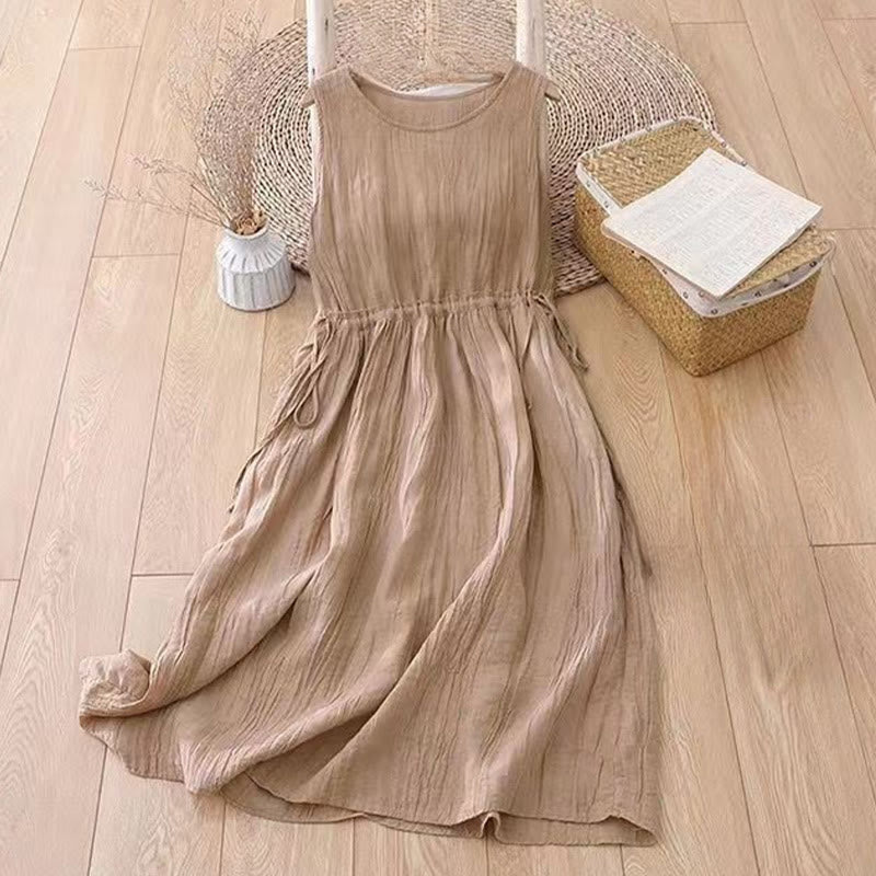 Vestido midi informal de acrílico sin mangas con bolsillos y cordón ajustable en la cintura, hecho a mano, con Buddha Stones