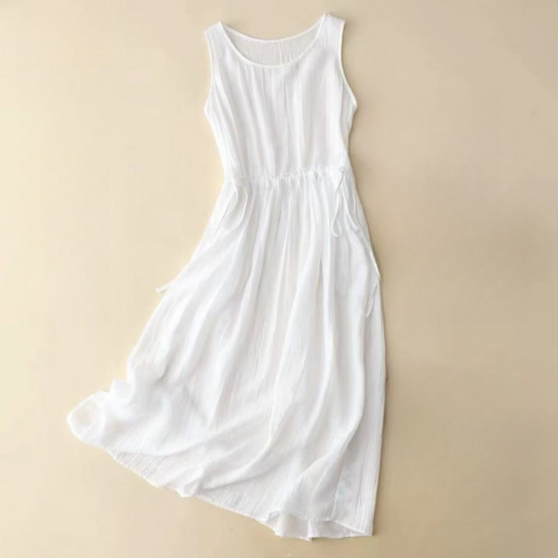 Vestido midi informal de acrílico sin mangas con bolsillos y cordón ajustable en la cintura, hecho a mano, con Buddha Stones