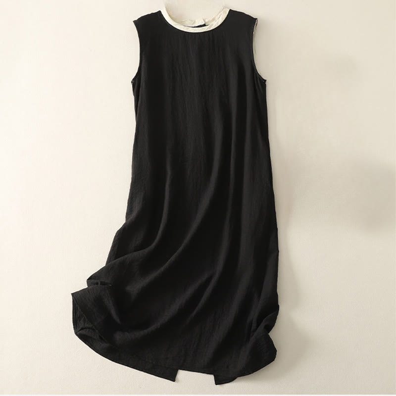 Vestido midi de poliéster sin mangas con bolsillos y diseño de botones hechos a mano con costuras casuales de Buddha Stones . - Negro - US8-10，UK/AU12-14，EU40-42 (2XL) - image 0