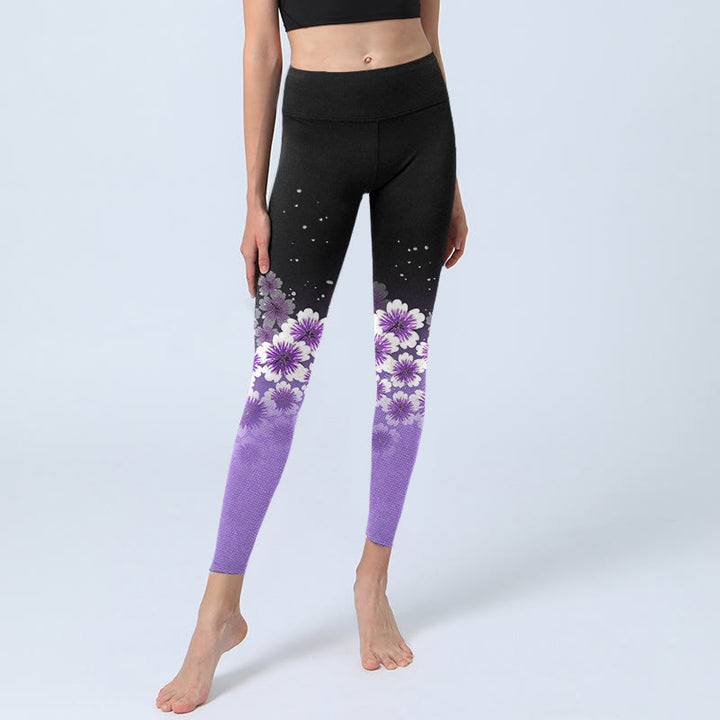 Leggings de yoga para mujer con estampado de flores de cerezo en blanco y morado con Buddha Stones - image 5