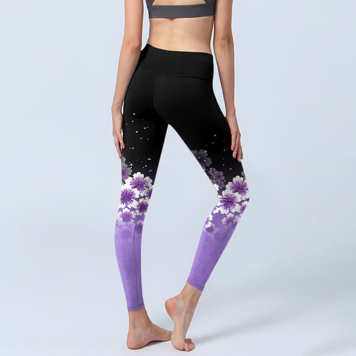 Leggings de yoga para mujer con estampado de flores de cerezo en blanco y morado con Buddha Stones - image 3