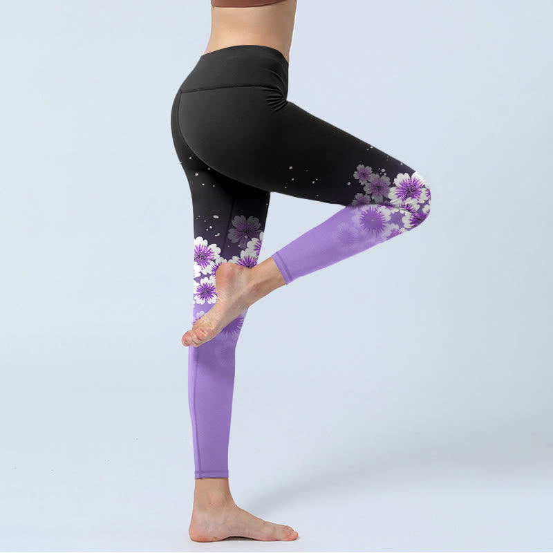 Leggings de yoga para mujer con estampado de flores de cerezo en blanco y morado con Buddha Stones - image 4