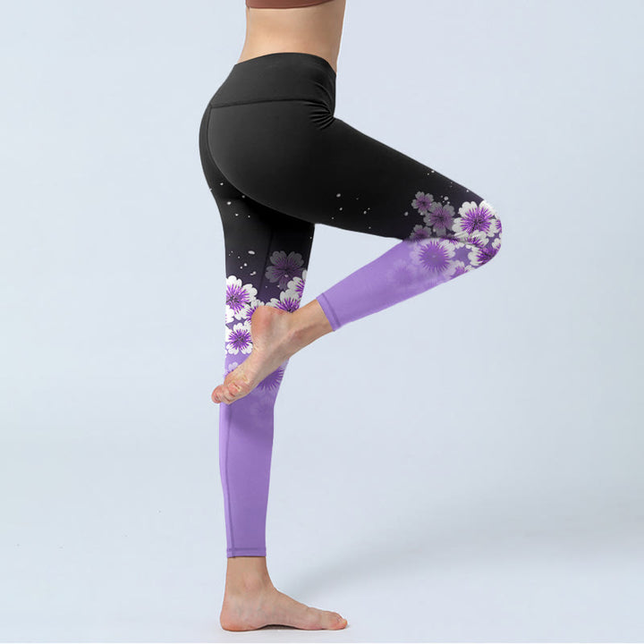 Leggings de yoga para mujer con estampado de flores de cerezo en blanco y morado con Buddha Stones - image 4