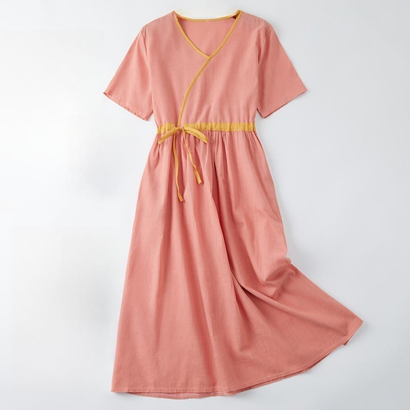 Vestido midi de verano con cuello en V, manga corta y diseño informal con cordones y costuras de color Buddha Stones - Coral claro - US8-10，UK/AU12-14，EU40-42 (2XL) - image 0